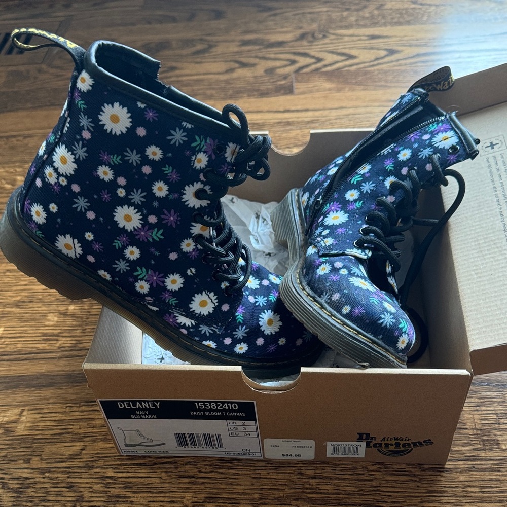 Navy Blue Dr. Martens Kids Boots (Delaney) - Daisy Bloom T Canvas